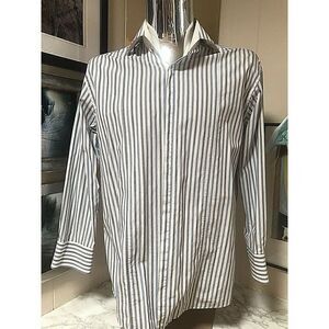 ABS Allen Schwartz Mens 16.5 32 Blue White Striped Long Sleeved Button Shirt
